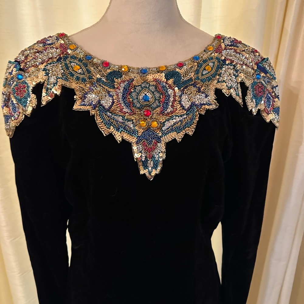 New Year’s Eve Stunner.  D’ore size 12 black velvet embellished low back dress.
